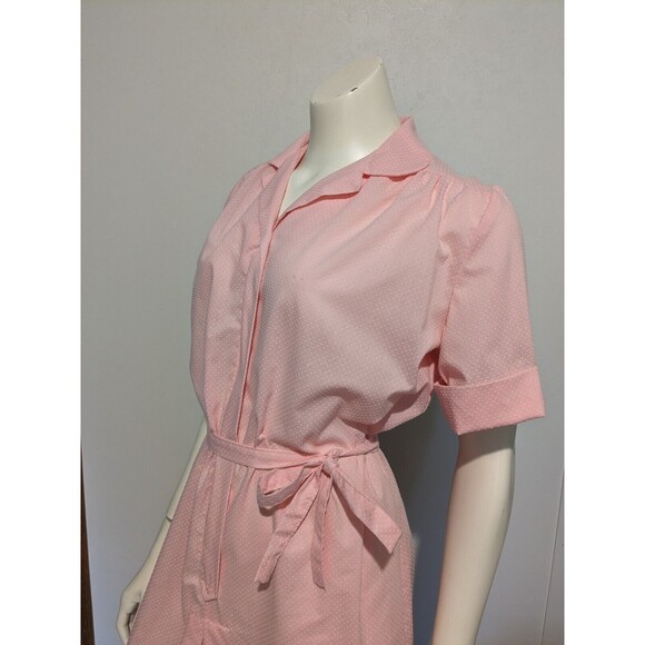 Vintage Polka Dot Flocked Cotton Blend Dress Belt Shift House Dress Pink M B44 - Picture 3 of 9